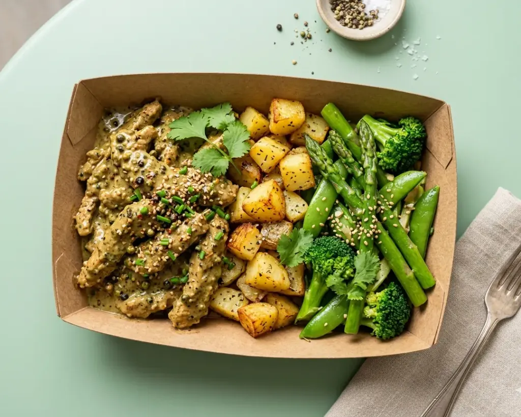 Aiguillette végé au poivre vert, pommes de terre grenaille et légumes verts (brocoli, petits pois, haricots, flageolets)