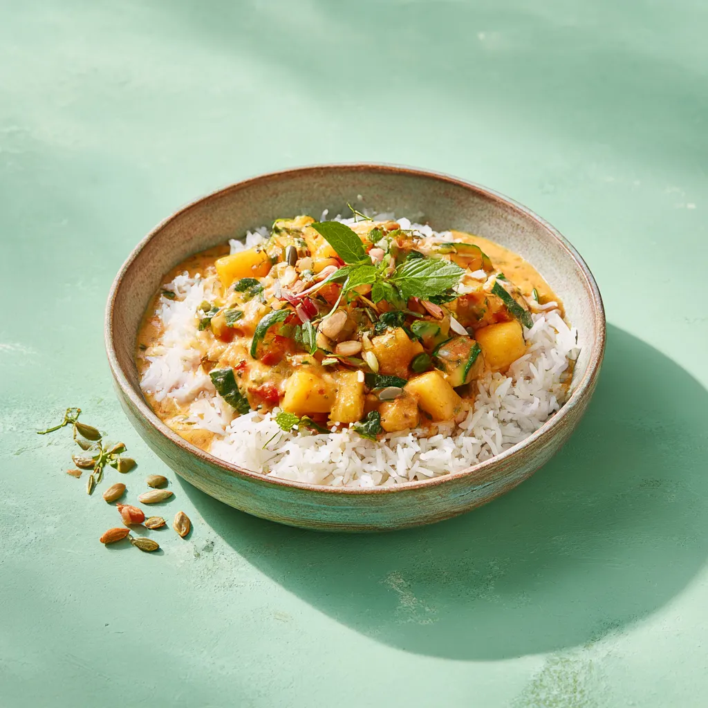 Emincé végé sauce ananas curry, jardinière de légumes et riz madras