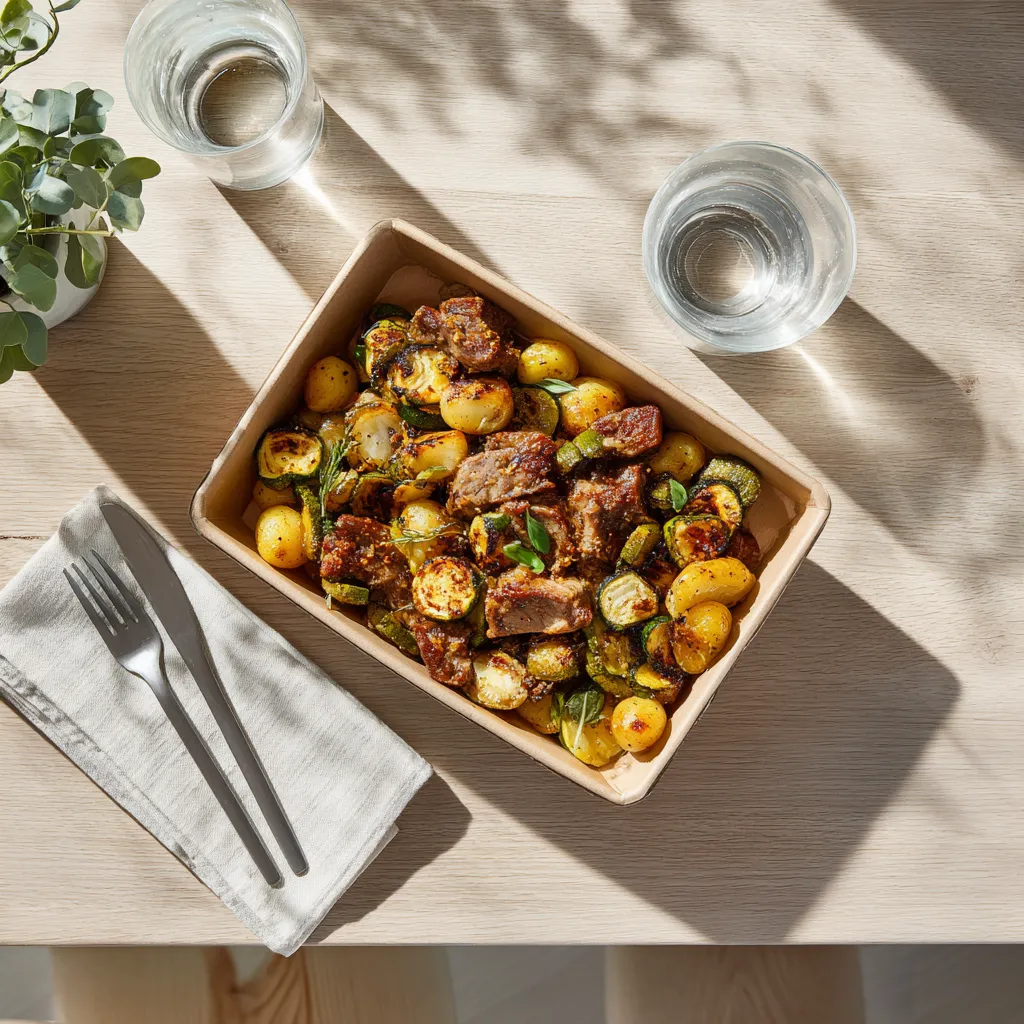 [6111] Filet mignon de porc à la moutarde à l'ancienne, Pomme de terre grenailles et courgettes confites