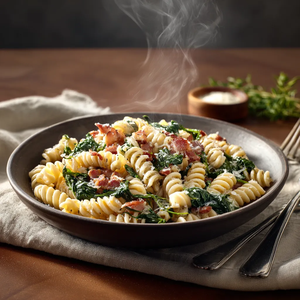 Pastas du jour Torti fusilli aux lardons et épinards
