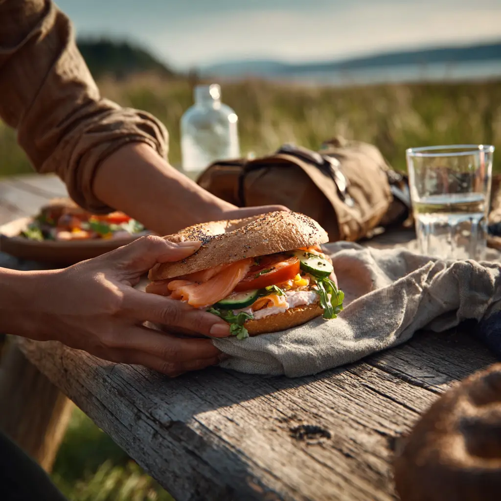 [7264] Pique -Mie "Bagel Lox" (bagel, saumon, cream chesse à la ciboulette, concombre, tomate, salade )
