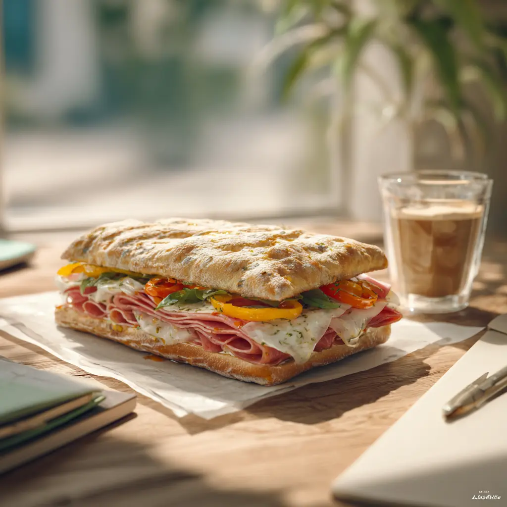 Pique -Mie "Milanais" (focaccia, serrano, mozzarella , poivrons marinés, crème balsamique)