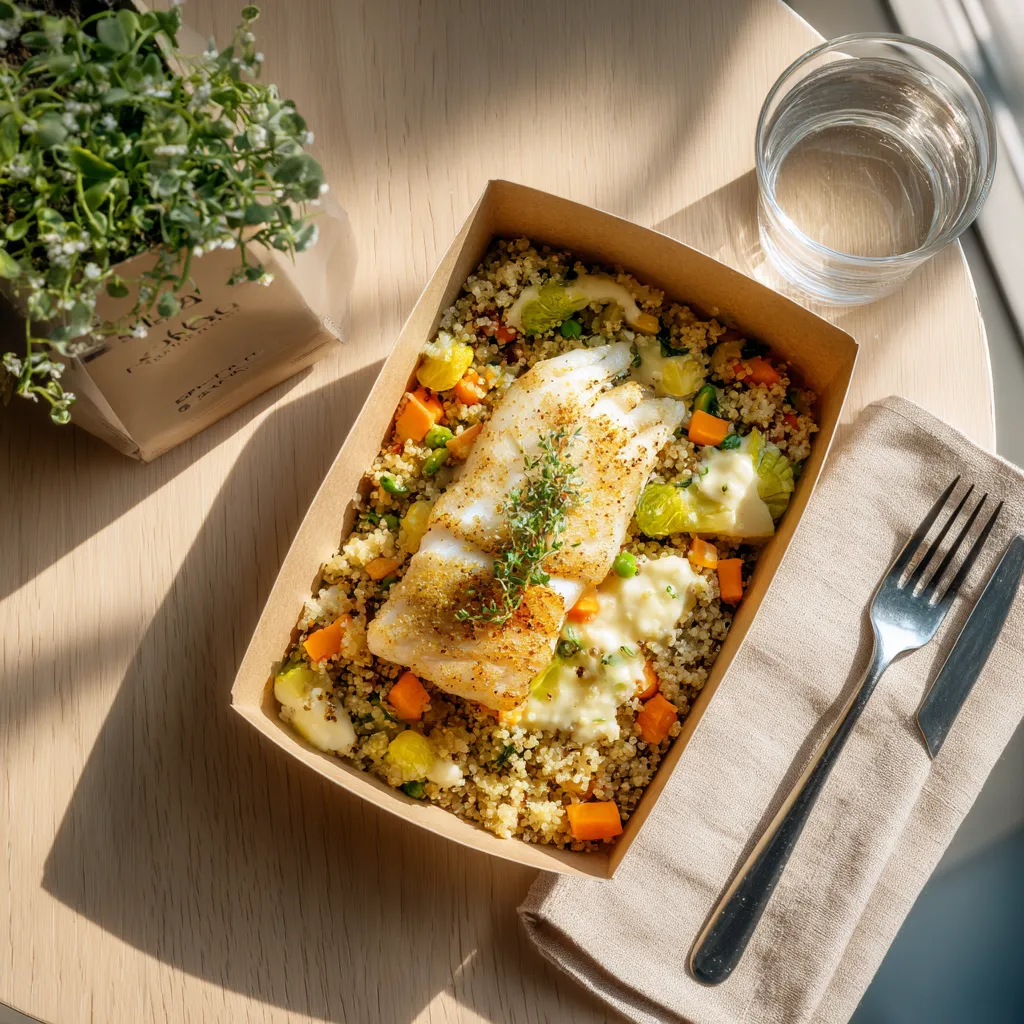 [4936] Poisson du jour (colin) fondue de poireaux, quinoa et petits légumes