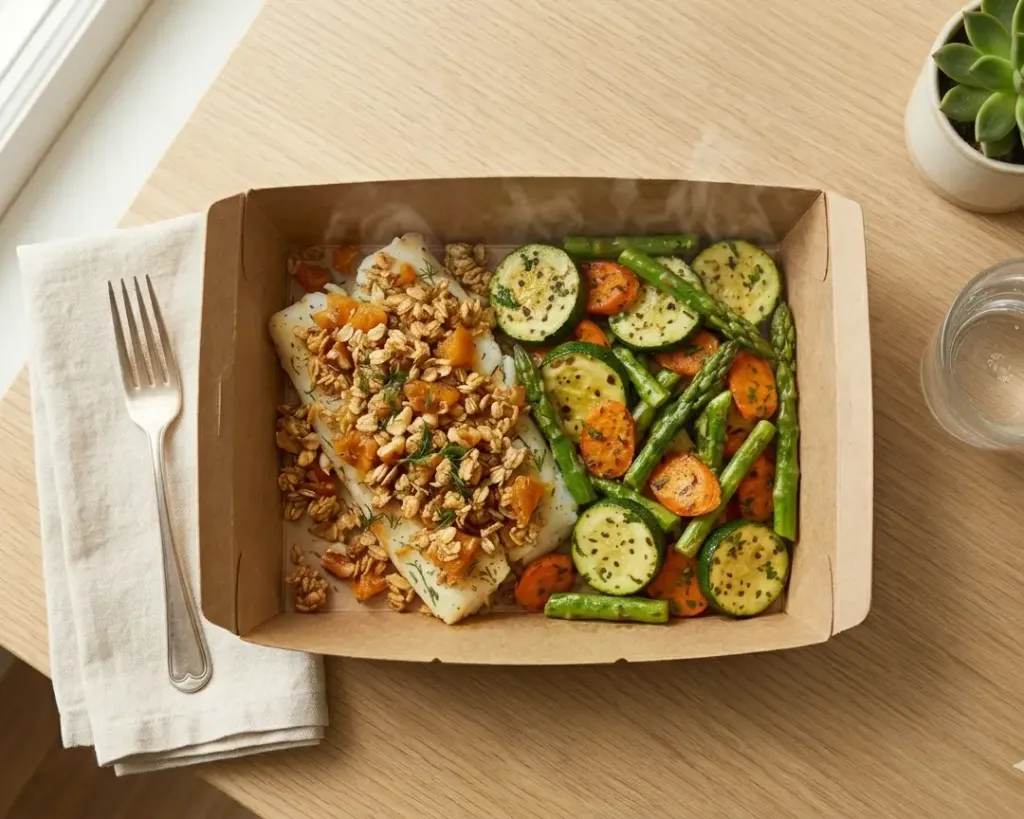 [3454] Poisson du jour (lieu noir) crumble d'abricot, poélée de courgettes asperges et carottes