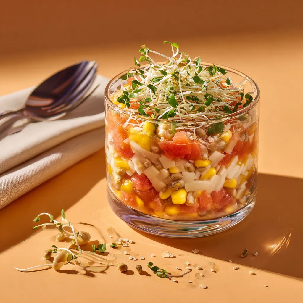 [1823] Verrine cœur de palmier, tomates, maïs, mungo