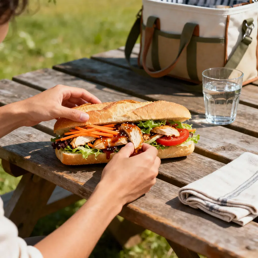 Pique -Mie "L'Asian " (baguette sandwich, poulet, sauce asian, carotte, salade, tomate)